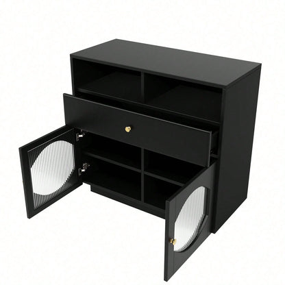 Küchenschrank, Sideboard mit Glastüren, Aufbewahrungsschrank, Buffetschrank für Küche, Esszimmer und Wohnzimmer, Modernes schwarzes Sideboard, 100*40*90.5cm