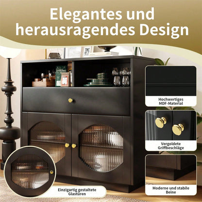Küchenschrank, Sideboard mit Glastüren, Aufbewahrungsschrank, Buffetschrank für Küche, Esszimmer und Wohnzimmer, Modernes schwarzes Sideboard, 100*40*90.5cm