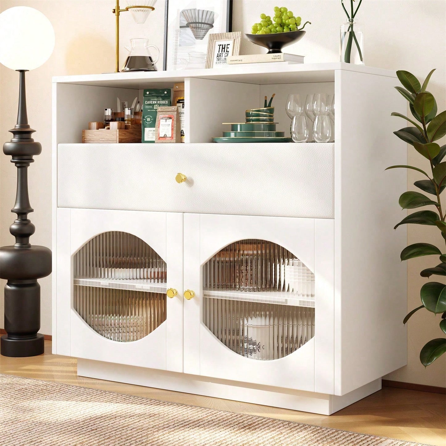Küchenschrank, Sideboard mit Glastüren, Aufbewahrungsschrank, Buffetschrank für Küche, Esszimmer und Wohnzimmer, Modernes schwarzes Sideboard, 100*40*90.5cm