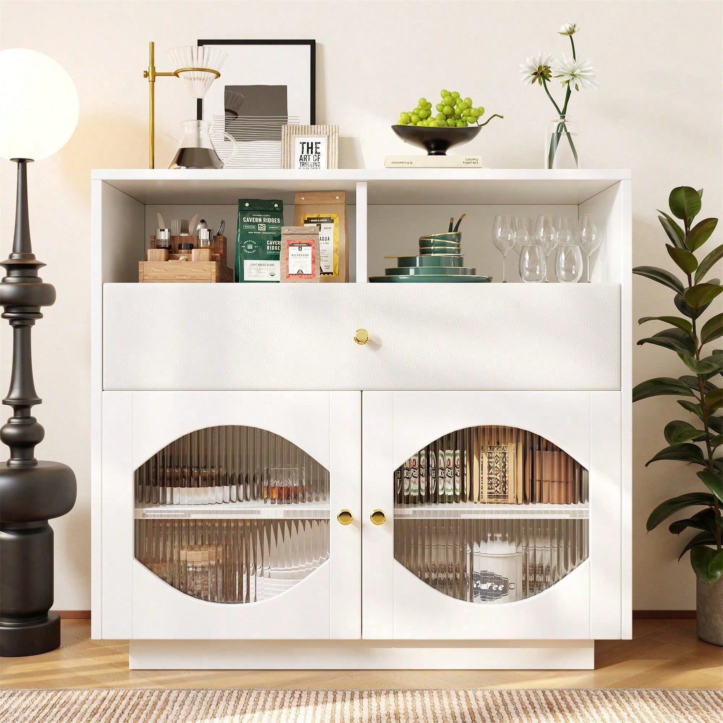 Küchenschrank, Sideboard mit Glastüren, Aufbewahrungsschrank, Buffetschrank für Küche, Esszimmer und Wohnzimmer, Modernes schwarzes Sideboard, 100*40*90.5cm