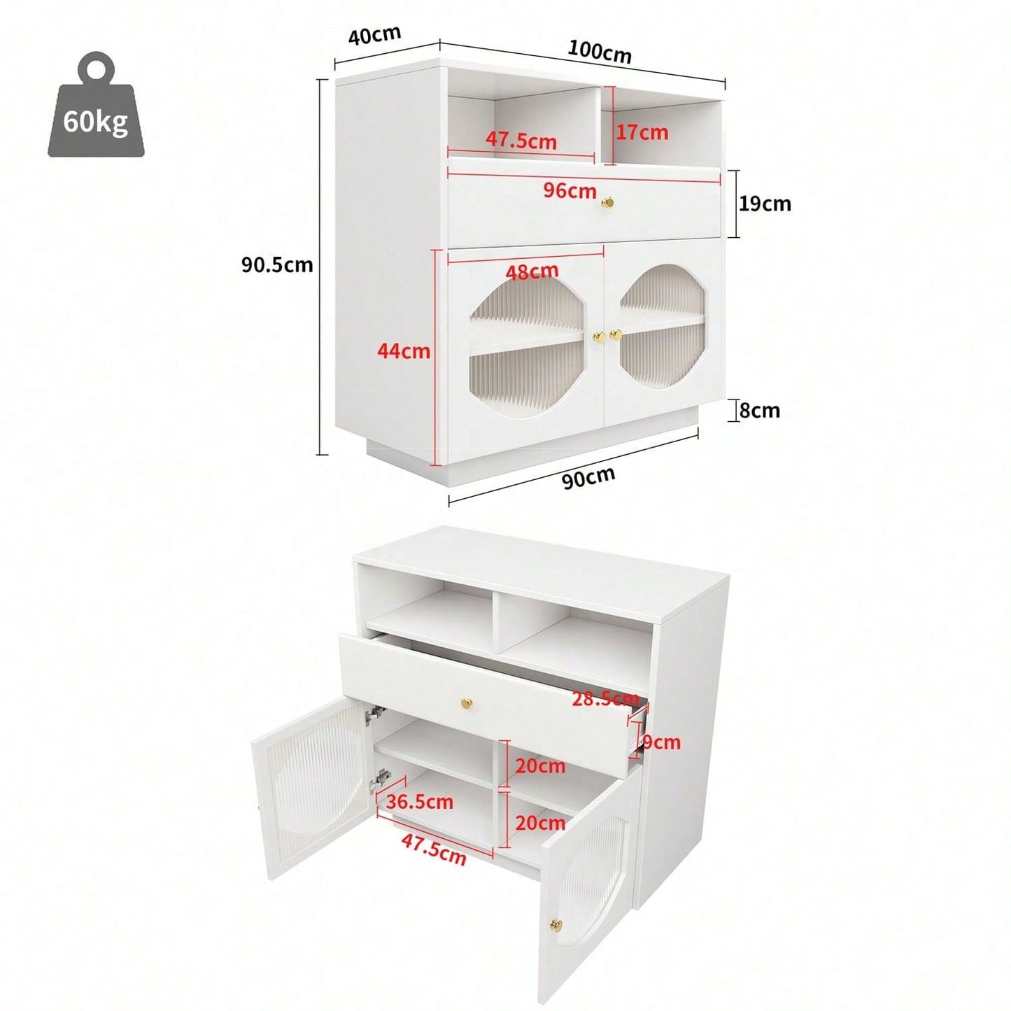 Küchenschrank, Sideboard mit Glastüren, Aufbewahrungsschrank, Buffetschrank für Küche, Esszimmer und Wohnzimmer, Modernes schwarzes Sideboard, 100*40*90.5cm