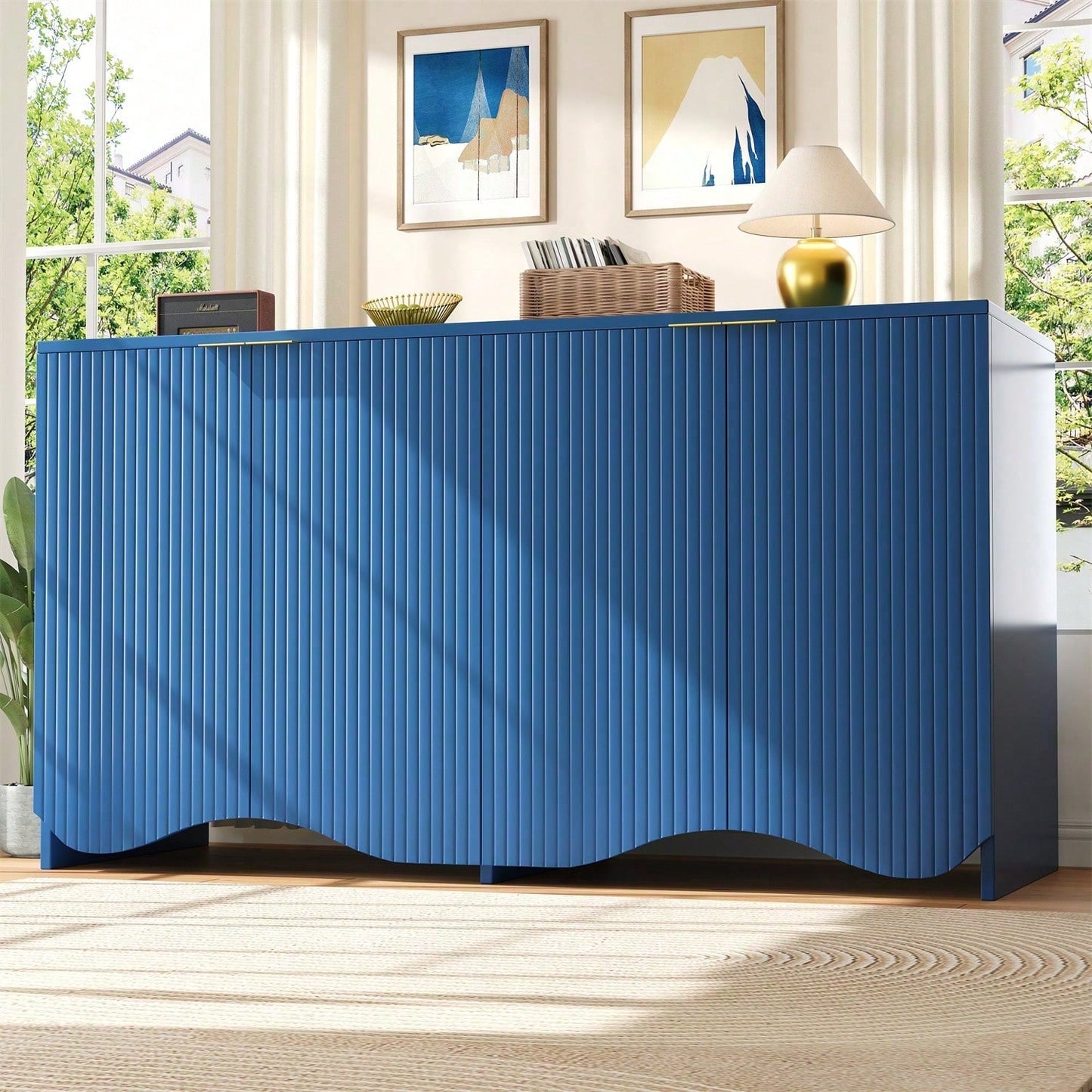Sideboard(140*40*85cm), buffetschrank, cabinets, Esszimmer Wohnzimmer Aufbewahrungsschränke, Gemusterte Schränke, Freistehende Schränke, Küchenmöbel,Wellenmuster-Design, Blau