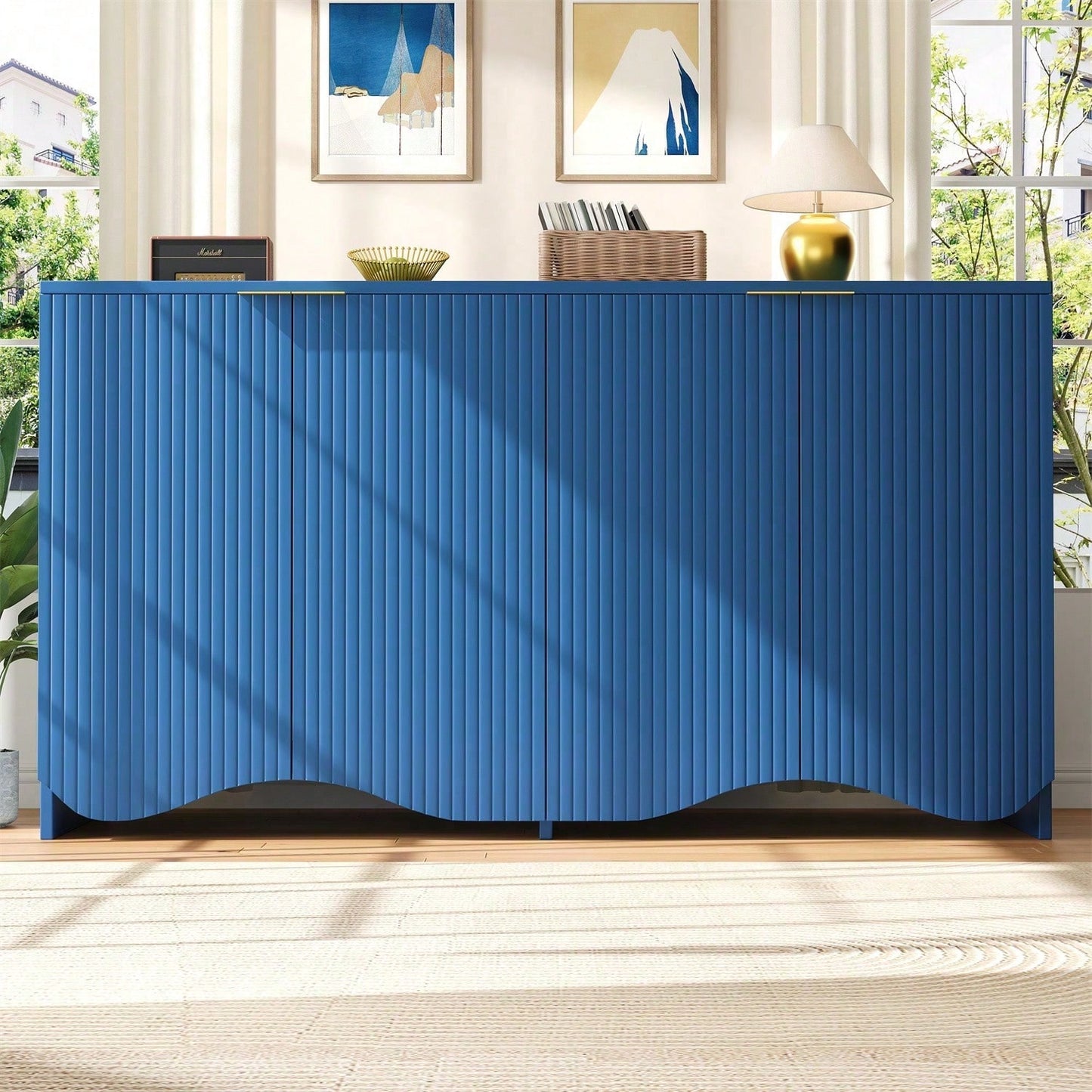 Sideboard(140*40*85cm), buffetschrank, cabinets, Esszimmer Wohnzimmer Aufbewahrungsschränke, Gemusterte Schränke, Freistehende Schränke, Küchenmöbel,Wellenmuster-Design, Blau