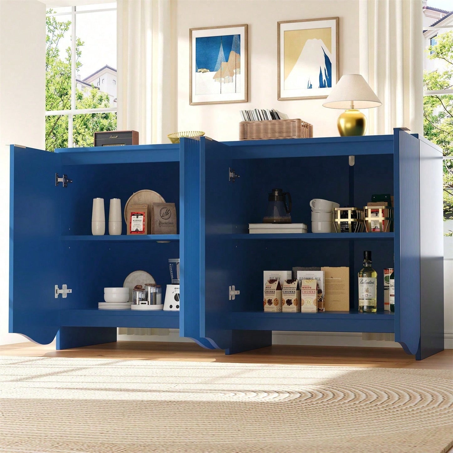 Sideboard(140*40*85cm), buffetschrank, cabinets, Esszimmer Wohnzimmer Aufbewahrungsschränke, Gemusterte Schränke, Freistehende Schränke, Küchenmöbel,Wellenmuster-Design, Blau