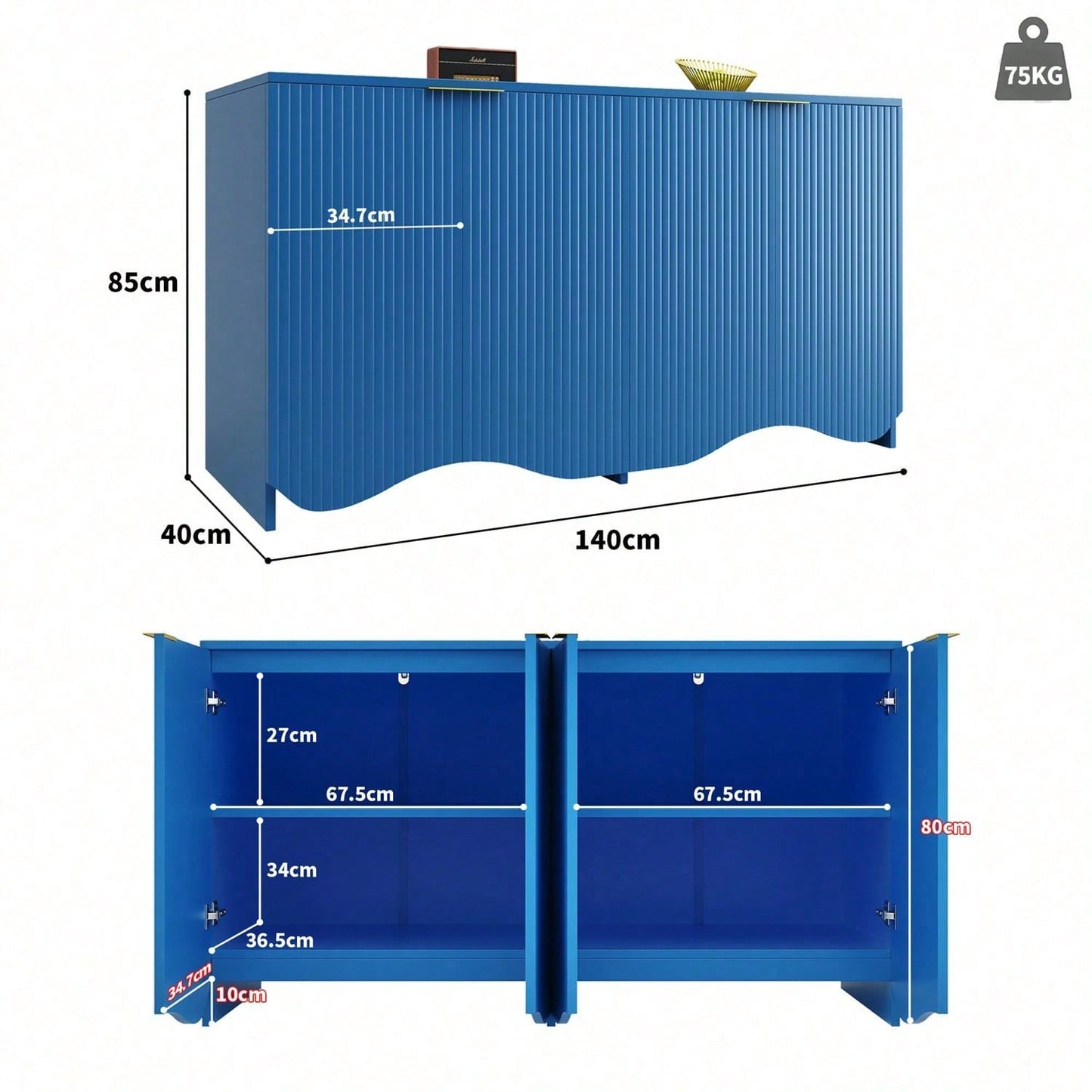 Sideboard(140*40*85cm), buffetschrank, cabinets, Esszimmer Wohnzimmer Aufbewahrungsschränke, Gemusterte Schränke, Freistehende Schränke, Küchenmöbel,Wellenmuster-Design, Blau