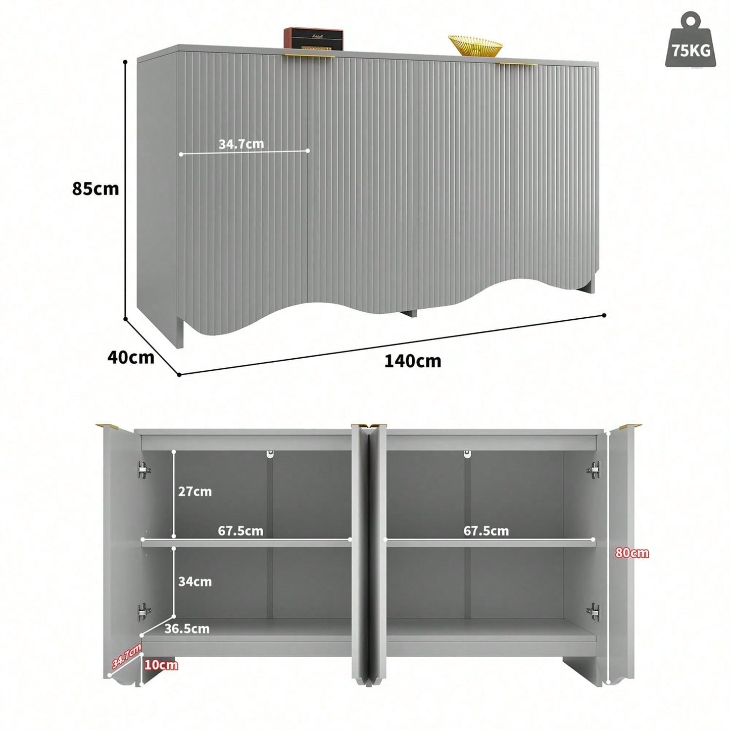 Sideboard(140*40*85cm), buffetschrank, cabinets, Esszimmer Wohnzimmer Aufbewahrungsschränke, Gemusterte Schränke, Freistehende Schränke, Küchenmöbel,Wellenmuster-Design, Blau