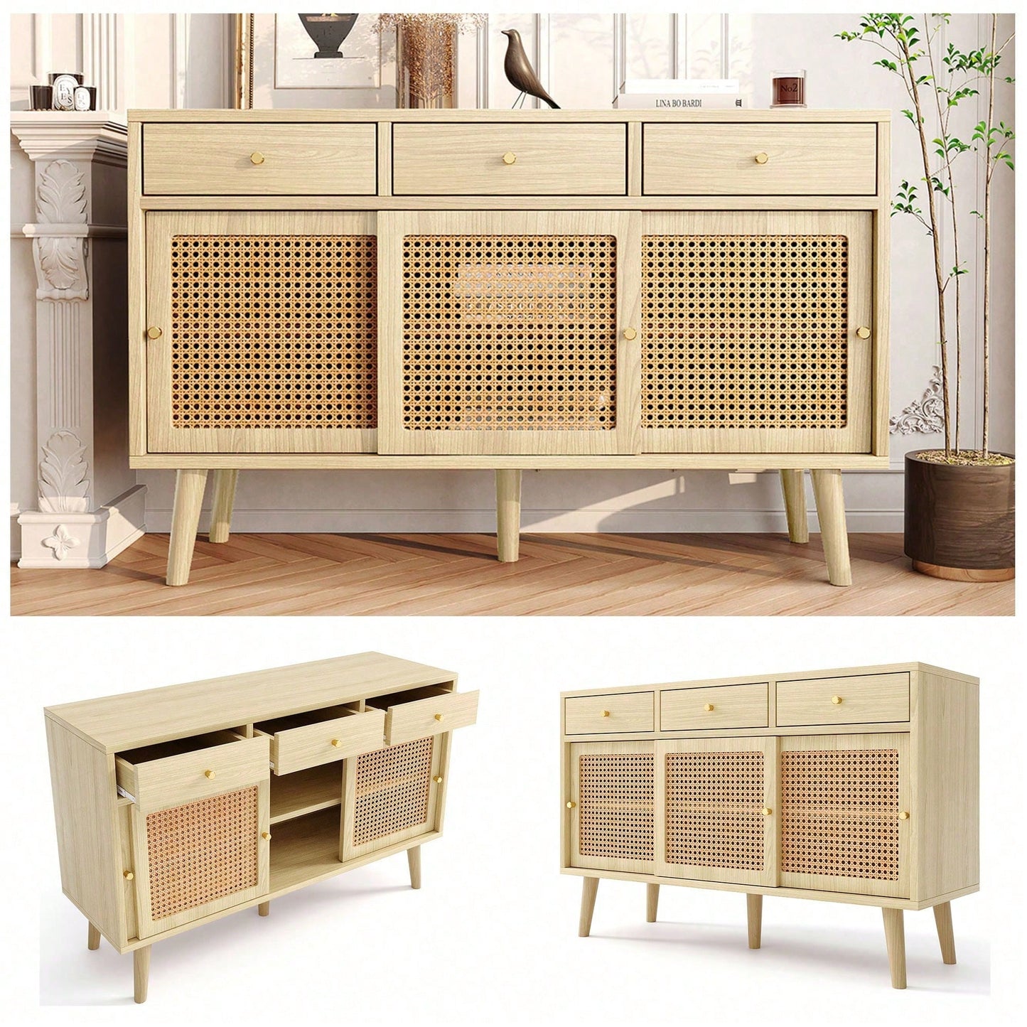 Sideboard, Kommode mit 3 Schubladen und 3 Schiebetüren, Rattangeflecht auf den Türfronten, Beine aus massivem Holz, Golden Metall Bügelgriff,verstellbare Ablagen,Eiche,120x 40x78cm