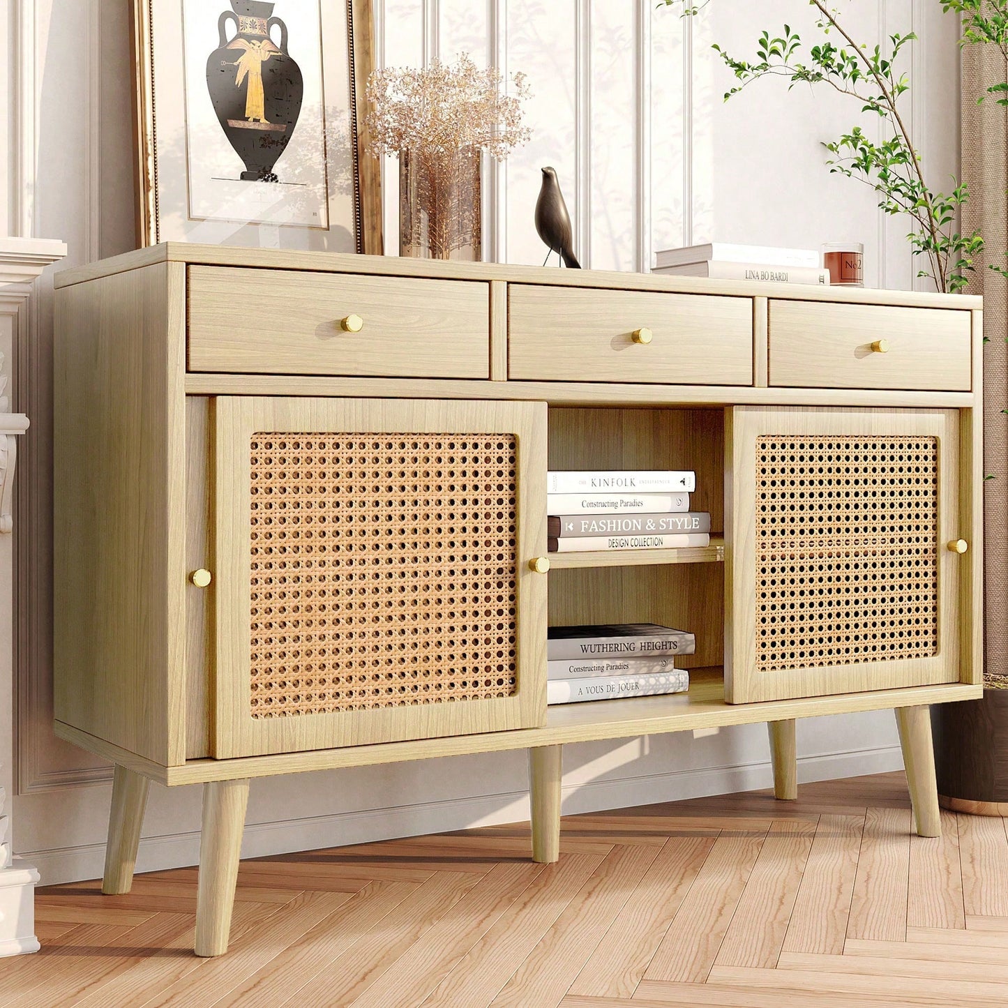 Sideboard, Kommode mit 3 Schubladen und 3 Schiebetüren, Rattangeflecht auf den Türfronten, Beine aus massivem Holz, Golden Metall Bügelgriff,verstellbare Ablagen,Eiche,120x 40x78cm