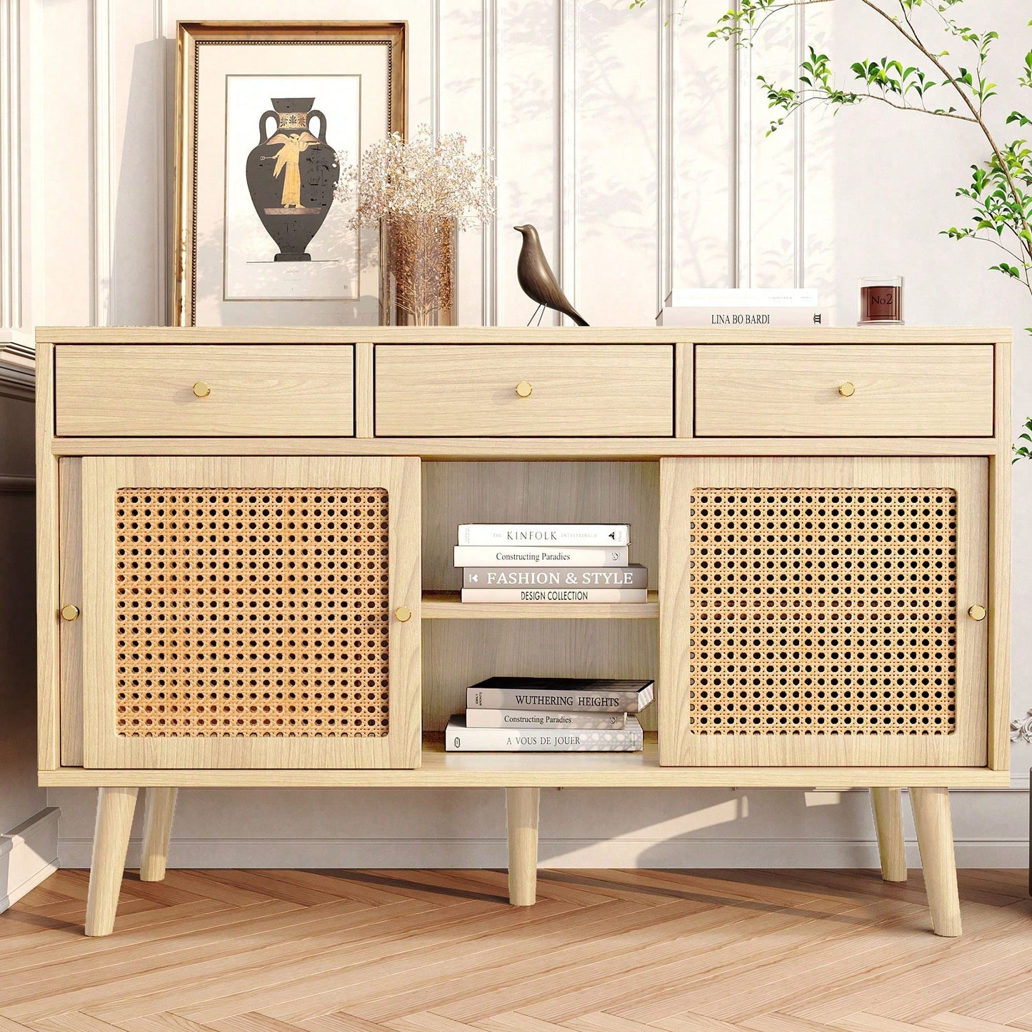 Sideboard, Kommode mit 3 Schubladen und 3 Schiebetüren, Rattangeflecht auf den Türfronten, Beine aus massivem Holz, Golden Metall Bügelgriff,verstellbare Ablagen,Eiche,120x 40x78cm