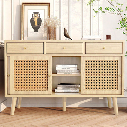 Sideboard, Kommode mit 3 Schubladen und 3 Schiebetüren, Rattangeflecht auf den Türfronten, Beine aus massivem Holz, Golden Metall Bügelgriff,verstellbare Ablagen,Eiche,120x 40x78cm