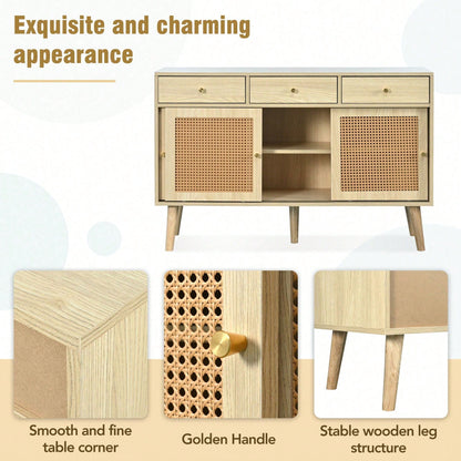 Sideboard, Kommode mit 3 Schubladen und 3 Schiebetüren, Rattangeflecht auf den Türfronten, Beine aus massivem Holz, Golden Metall Bügelgriff,verstellbare Ablagen,Eiche,120x 40x78cm