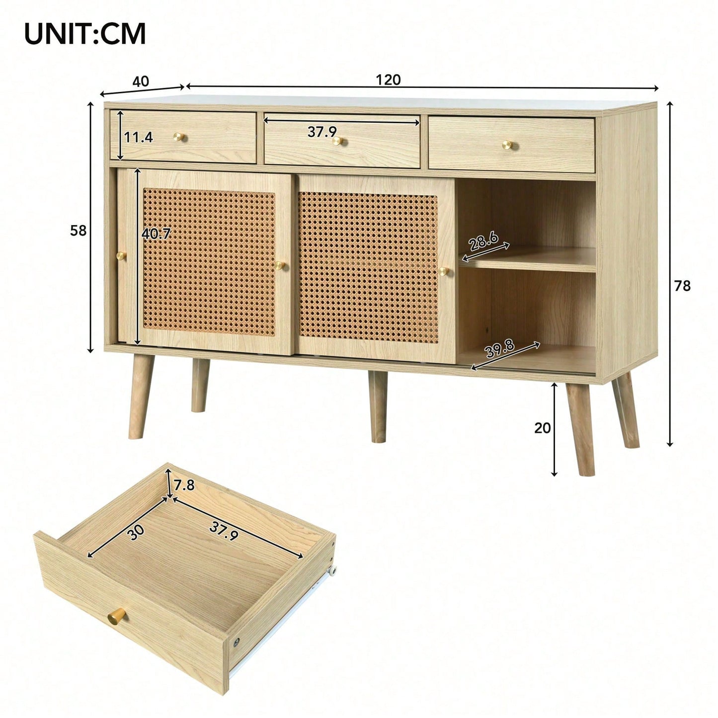 Sideboard, Kommode mit 3 Schubladen und 3 Schiebetüren, Rattangeflecht auf den Türfronten, Beine aus massivem Holz, Golden Metall Bügelgriff,verstellbare Ablagen,Eiche,120x 40x78cm
