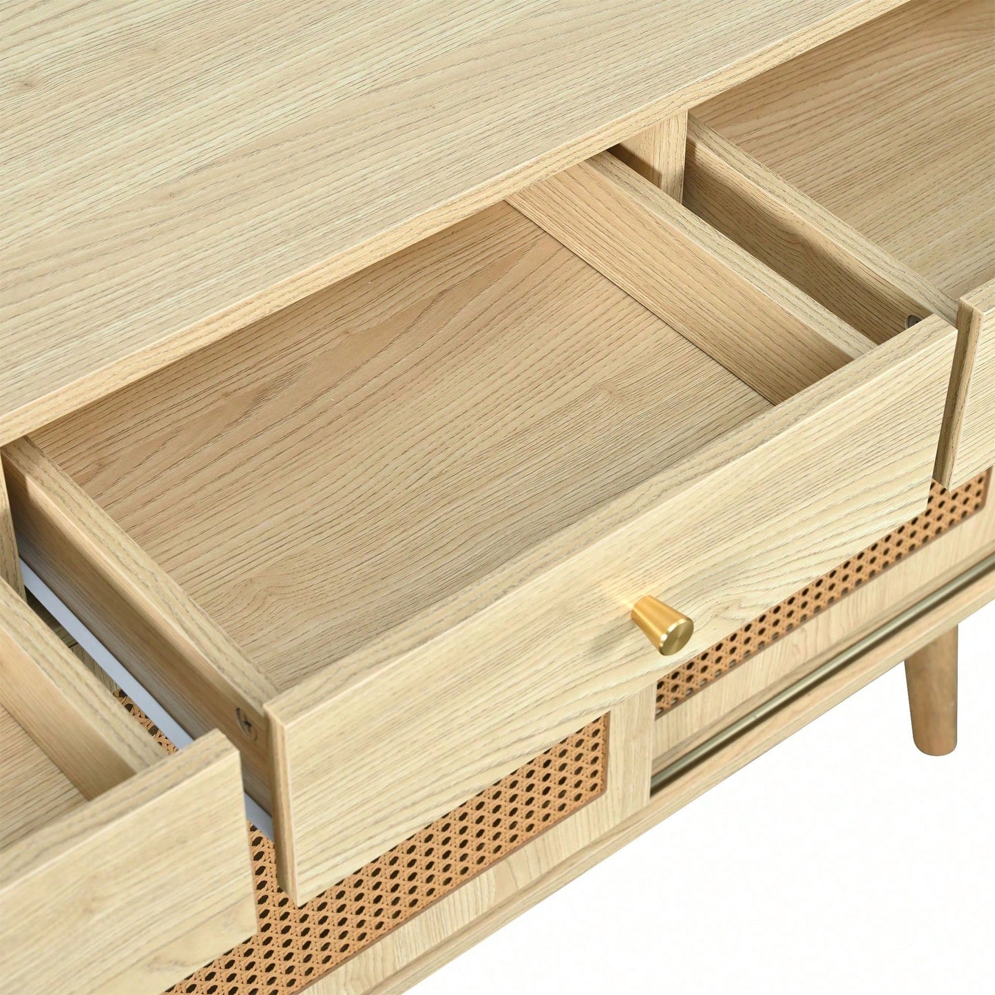 Sideboard, Kommode mit 3 Schubladen und 3 Schiebetüren, Rattangeflecht auf den Türfronten, Beine aus massivem Holz, Golden Metall Bügelgriff,verstellbare Ablagen,Eiche,120x 40x78cm