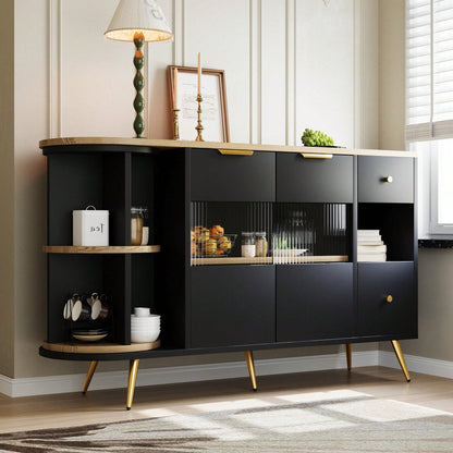 Sideboard Esszimmer Wohnzimmer Aufbewahrungsschränke mit Glasschiebetüren und LED-Leuchten Holzanrichte Freistehende Schränke Buffetschränke Küchenmöbel Schwarz