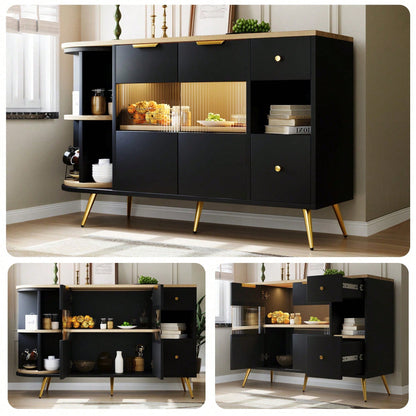Sideboard Esszimmer Wohnzimmer Aufbewahrungsschränke mit Glasschiebetüren und LED-Leuchten Holzanrichte Freistehende Schränke Buffetschränke Küchenmöbel Schwarz