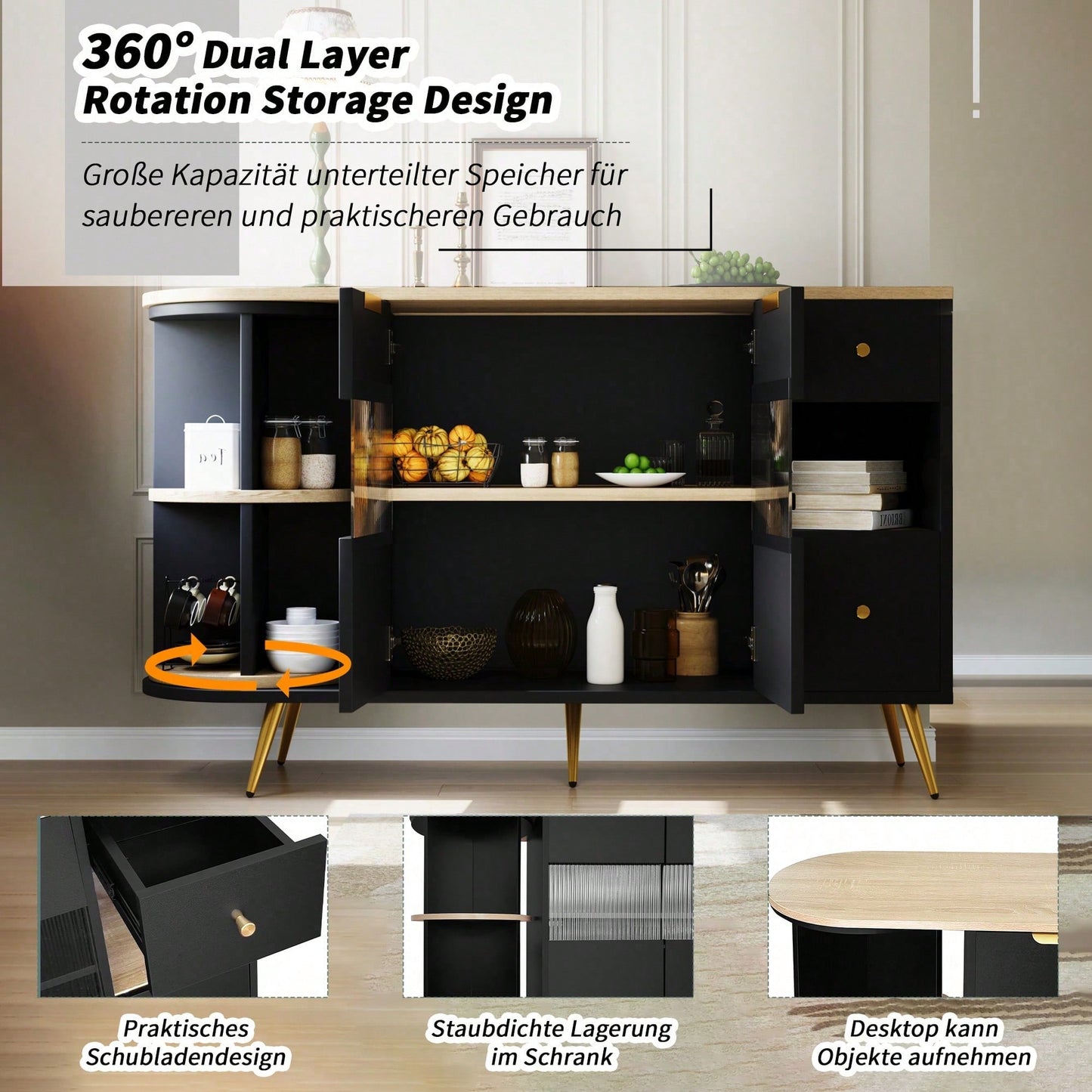 Sideboard Esszimmer Wohnzimmer Aufbewahrungsschränke mit Glasschiebetüren und LED-Leuchten Holzanrichte Freistehende Schränke Buffetschränke Küchenmöbel Schwarz