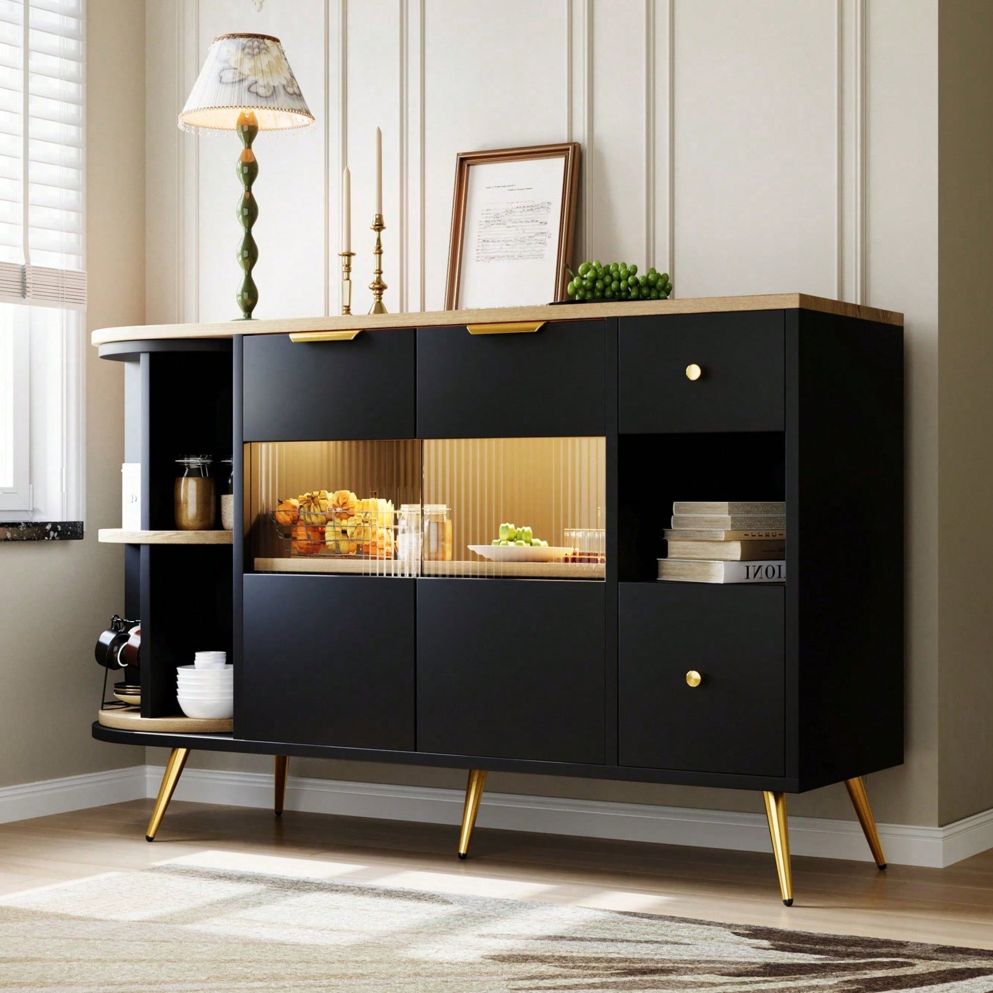 Sideboard Esszimmer Wohnzimmer Aufbewahrungsschränke mit Glasschiebetüren und LED-Leuchten Holzanrichte Freistehende Schränke Buffetschränke Küchenmöbel Schwarz