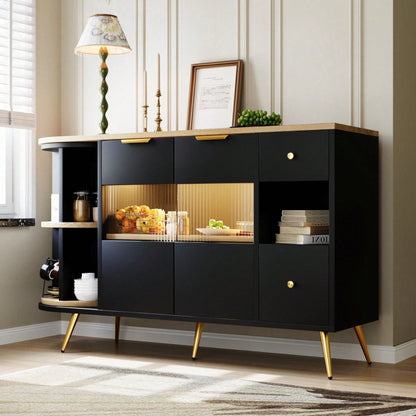 Sideboard Esszimmer Wohnzimmer Aufbewahrungsschränke mit Glasschiebetüren und LED-Leuchten Holzanrichte Freistehende Schränke Buffetschränke Küchenmöbel Schwarz