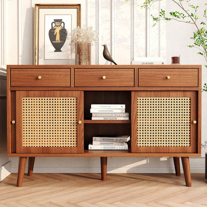 Sideboard, Kommode mit 3 Schubladen und 3 Schiebetüren, Rattangeflecht auf den Türfronten, Beine aus massivem Holz, Golden Metall Bügelgriff,verstellbare Ablagen,nussbaumfarben,120x 40x78cm