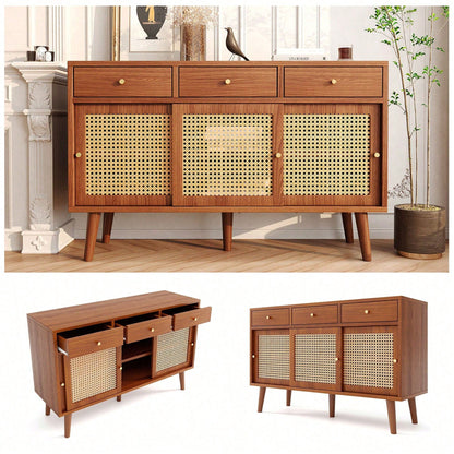 Sideboard, Kommode mit 3 Schubladen und 3 Schiebetüren, Rattangeflecht auf den Türfronten, Beine aus massivem Holz, Golden Metall Bügelgriff,verstellbare Ablagen,nussbaumfarben,120x 40x78cm