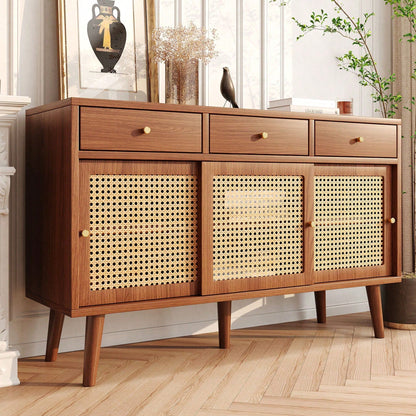 Sideboard, Kommode mit 3 Schubladen und 3 Schiebetüren, Rattangeflecht auf den Türfronten, Beine aus massivem Holz, Golden Metall Bügelgriff,verstellbare Ablagen,nussbaumfarben,120x 40x78cm