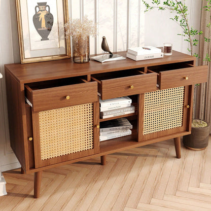 Sideboard, Kommode mit 3 Schubladen und 3 Schiebetüren, Rattangeflecht auf den Türfronten, Beine aus massivem Holz, Golden Metall Bügelgriff,verstellbare Ablagen,nussbaumfarben,120x 40x78cm
