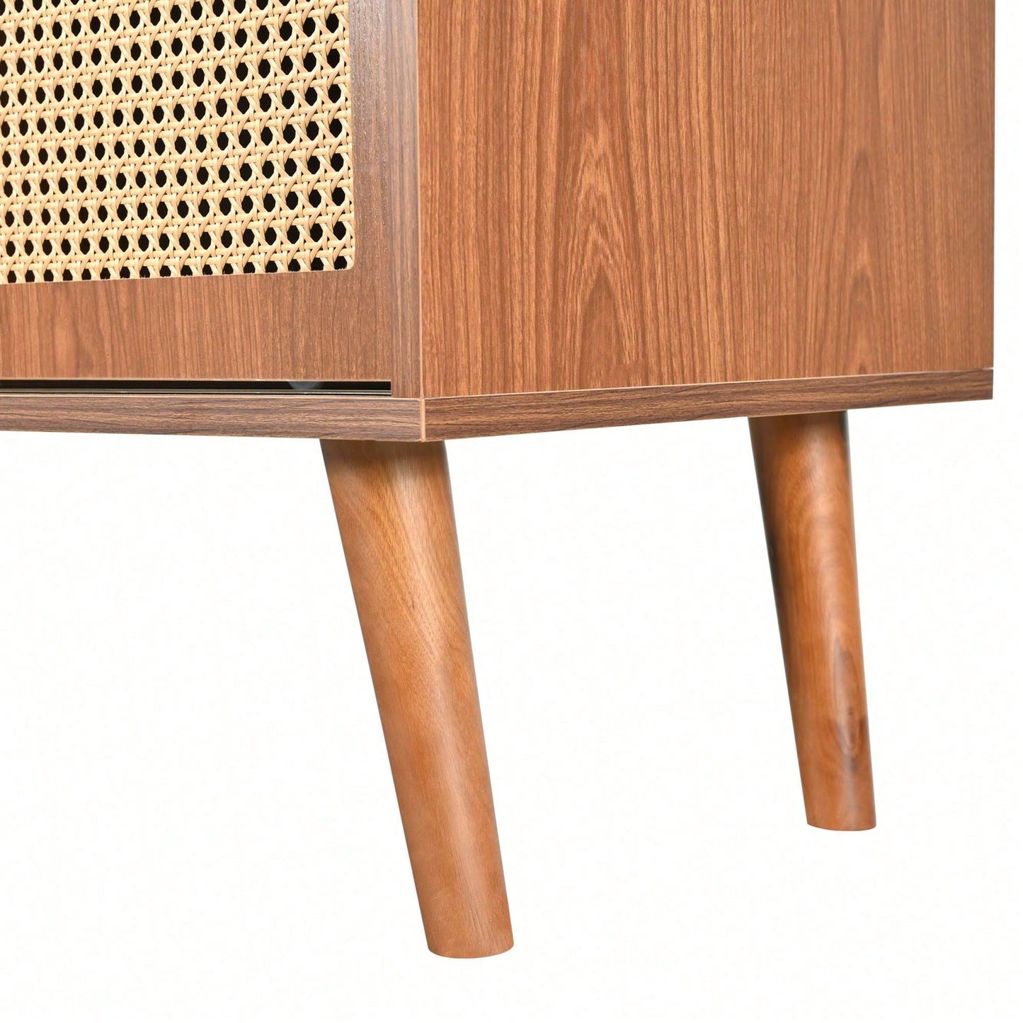 Sideboard, Kommode mit 3 Schubladen und 3 Schiebetüren, Rattangeflecht auf den Türfronten, Beine aus massivem Holz, Golden Metall Bügelgriff,verstellbare Ablagen,nussbaumfarben,120x 40x78cm