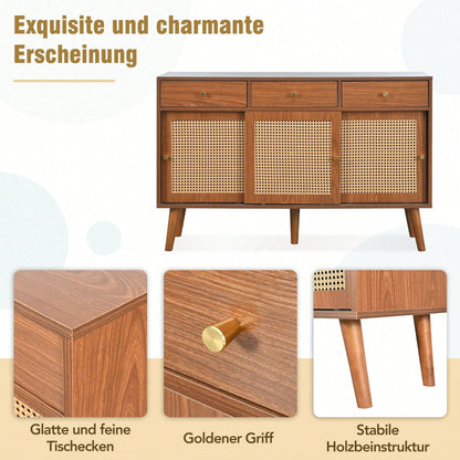 Sideboard, Kommode mit 3 Schubladen und 3 Schiebetüren, Rattangeflecht auf den Türfronten, Beine aus massivem Holz, Golden Metall Bügelgriff,verstellbare Ablagen,nussbaumfarben,120x 40x78cm