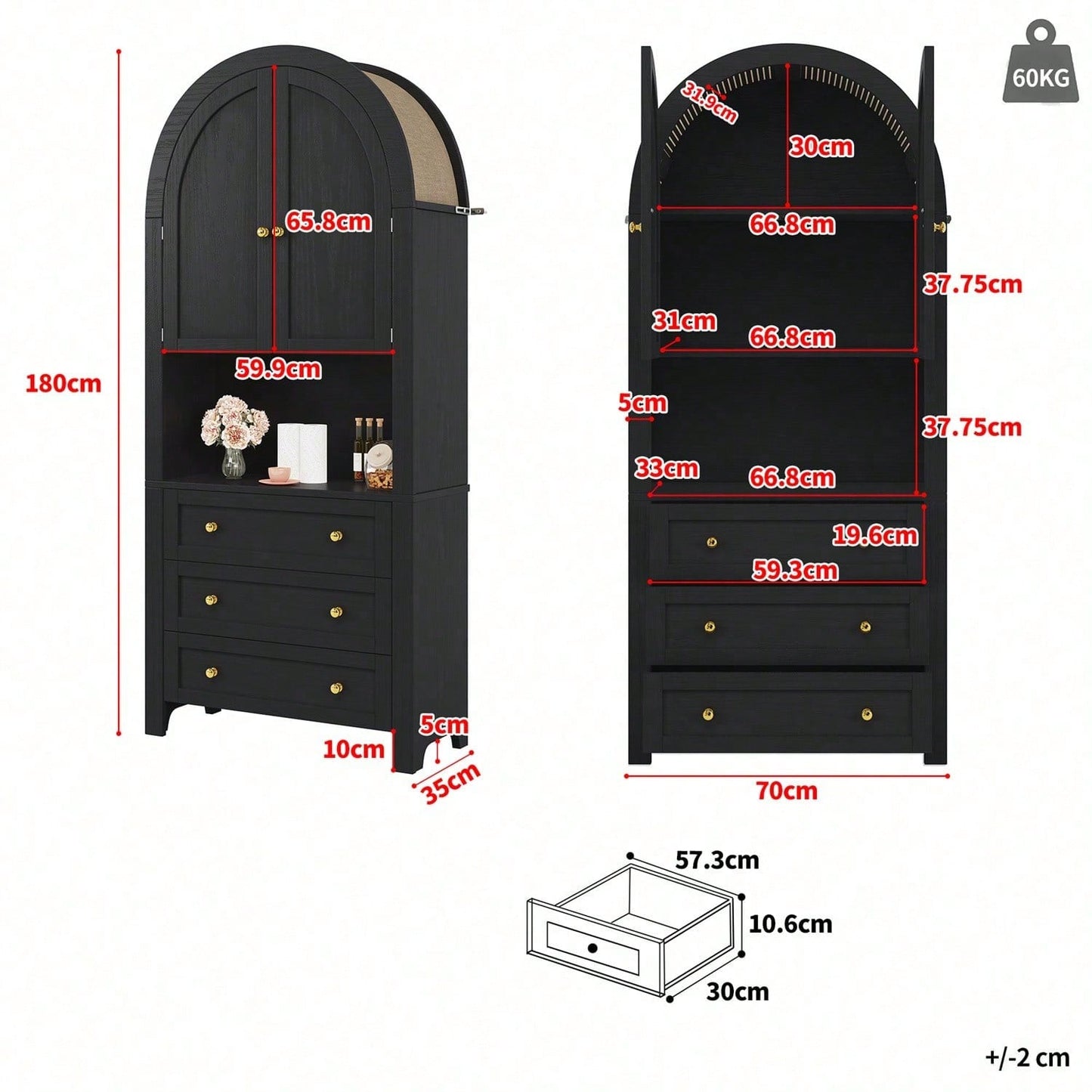 Hoher Bogen-Aufbewahrungsschrank mit Schubladen und Türen, freistehende hohe Bogen-Aufbewahrungstür für Küche und Wohnzimmer, schwarze Bogenregale mit offenem Ausstellungsbereich