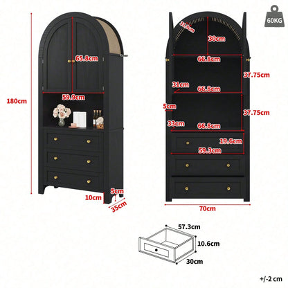 Hoher Bogen-Aufbewahrungsschrank mit Schubladen und Türen, freistehende hohe Bogen-Aufbewahrungstür für Küche und Wohnzimmer, schwarze Bogenregale mit offenem Ausstellungsbereich