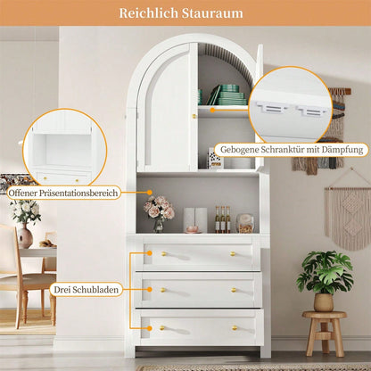 Hoher Bogen-Aufbewahrungsschrank mit Schubladen und Türen, freistehende hohe Bogen-Aufbewahrungstür für Küche und Wohnzimmer, schwarze Bogenregale mit offenem Ausstellungsbereich