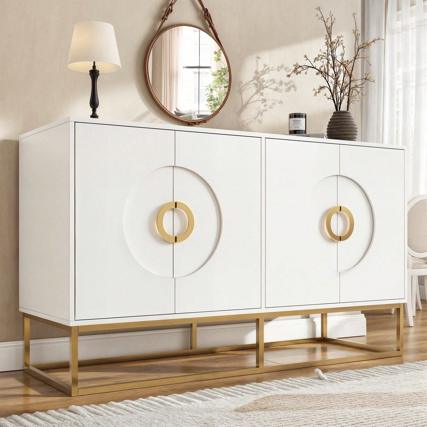 Aufbewahrungsschrank, einzigartiges Design, Schranktürdesign, freistehender Schrank, Minimalistisches Sideboard,Rundzugring Schranktür,weiß