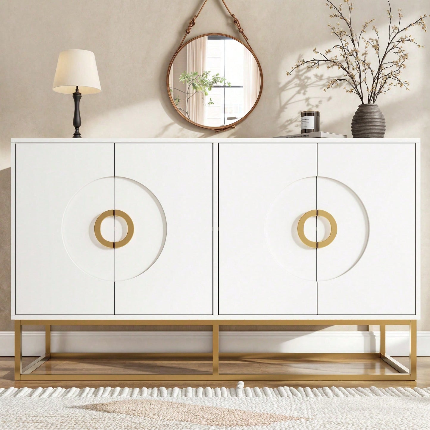 Aufbewahrungsschrank, einzigartiges Design, Schranktürdesign, freistehender Schrank, Minimalistisches Sideboard,Rundzugring Schranktür,weiß