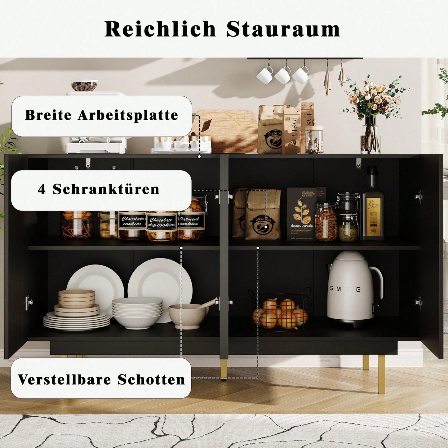 Esszimmerschrank (140*38,5*82,5cm), Esszimmer-Wohnzimmer-Aufbewahrungsschrank, einzigartiges Design, Schranktürdesign, freistehender Schrank, Minimalistisches Sideboard,Schwarz