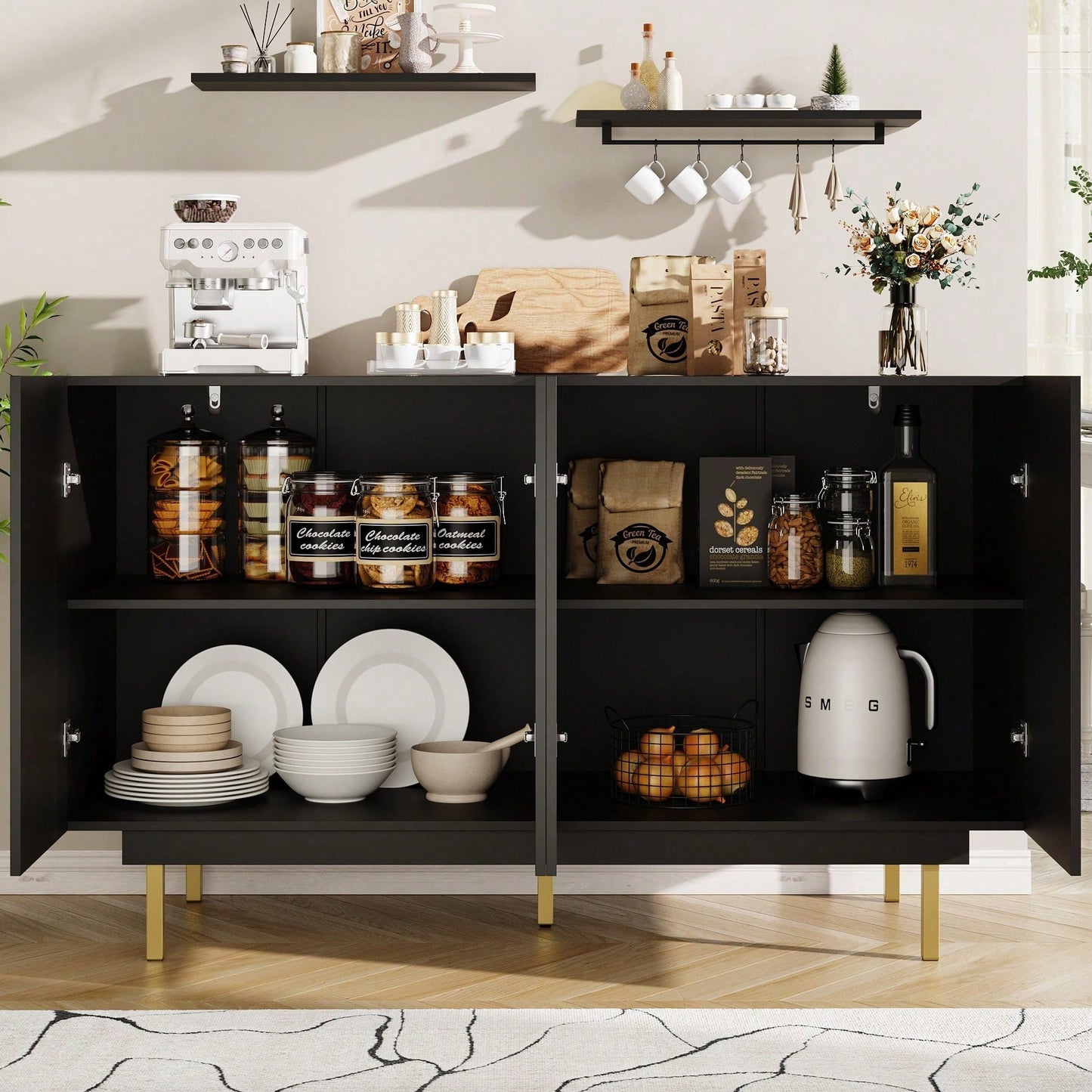 Esszimmerschrank (140*38,5*82,5cm), Esszimmer-Wohnzimmer-Aufbewahrungsschrank, einzigartiges Design, Schranktürdesign, freistehender Schrank, Minimalistisches Sideboard,Schwarz
