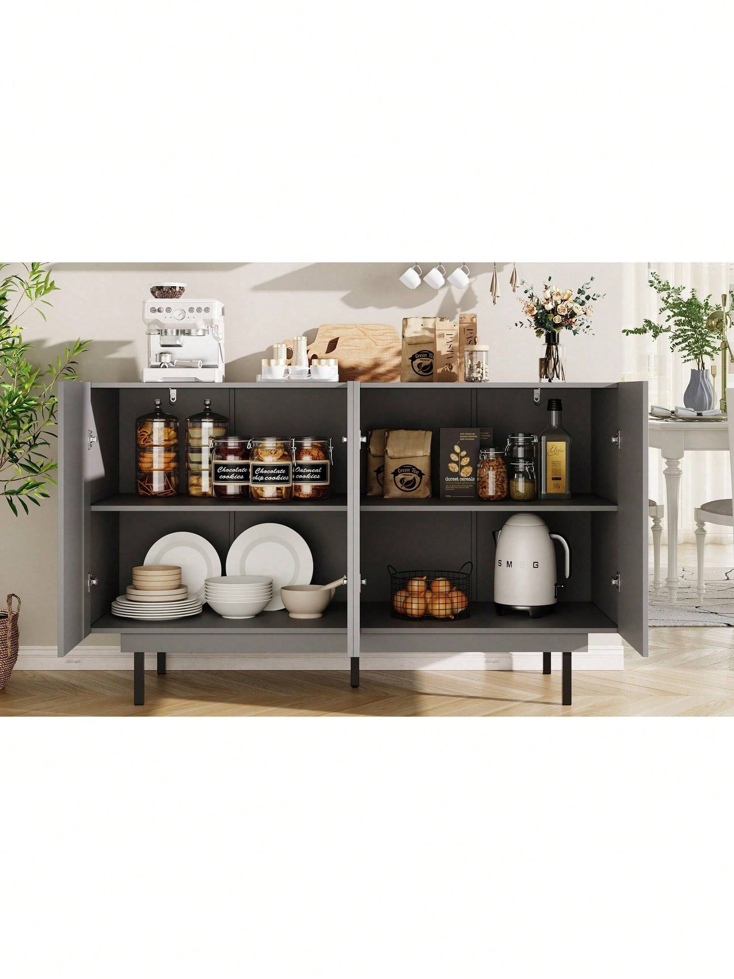 Esszimmerschrank (140*38,5*82,5cm), Esszimmer-Wohnzimmer-Aufbewahrungsschrank, einzigartiges Design, Schranktürdesign, freistehender Schrank, Minimalistisches Sideboard,Schwarz
