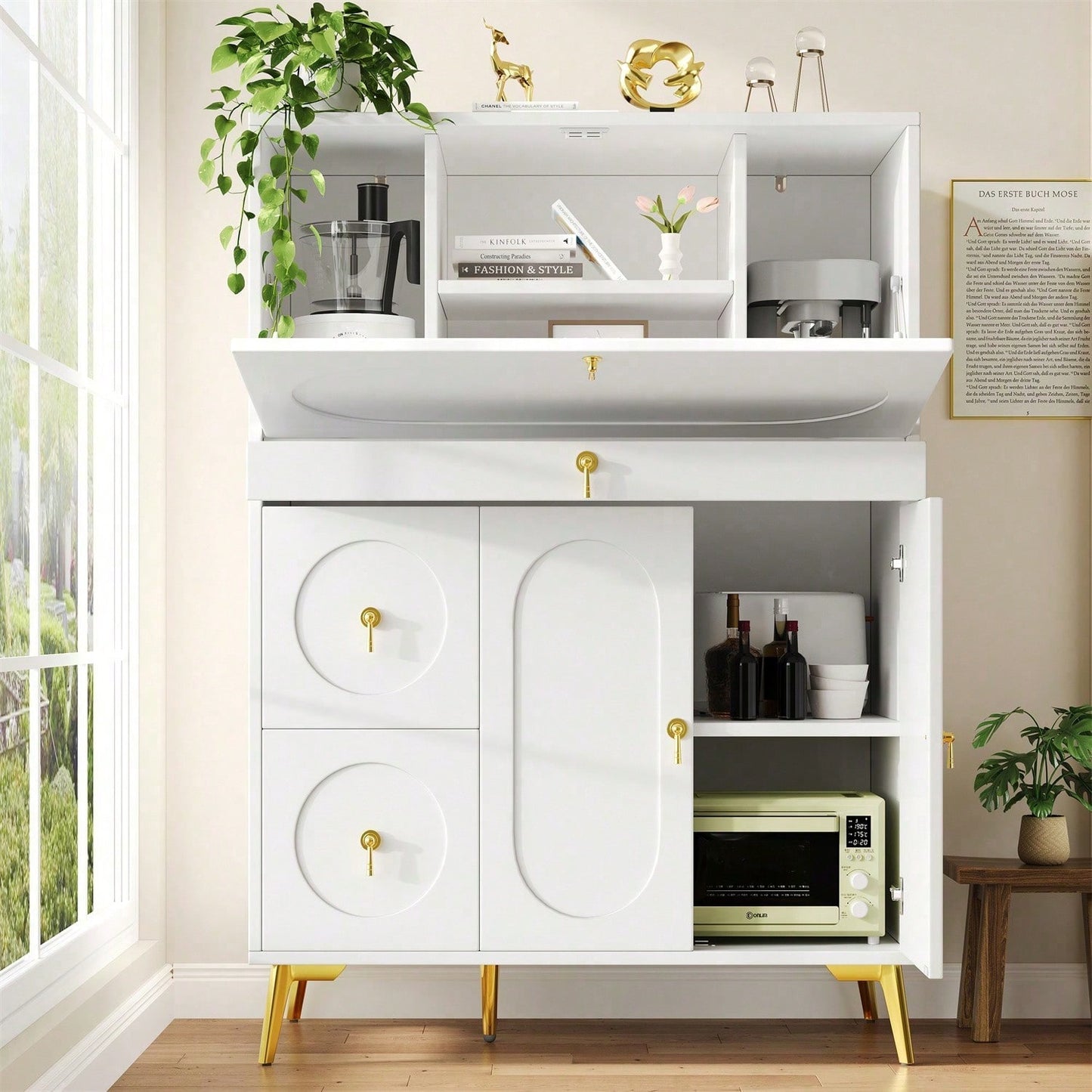 Küchenschrank (100*50*140cm), Vorratsschrank, Esszimmerschrank für Küche, Esszimmer und Wohnzimmer, Modernes Sideboard mit Falttüren, Schlicht und modern, Multifunktionaler Stauraum, Weiß