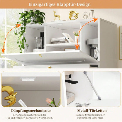 Küchenschrank (100*50*140cm), Vorratsschrank, Esszimmerschrank für Küche, Esszimmer und Wohnzimmer, Modernes Sideboard mit Falttüren, Schlicht und modern, Multifunktionaler Stauraum, Weiß