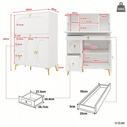 Küchenschrank (100*50*140cm), Vorratsschrank, Esszimmerschrank für Küche, Esszimmer und Wohnzimmer, Modernes Sideboard mit Falttüren, Schlicht und modern, Multifunktionaler Stauraum, Weiß