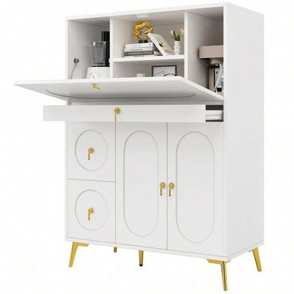 Küchenschrank (100*50*140cm), Vorratsschrank, Esszimmerschrank für Küche, Esszimmer und Wohnzimmer, Modernes Sideboard mit Falttüren, Schlicht und modern, Multifunktionaler Stauraum, Weiß