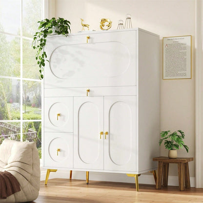 Küchenschrank (100*50*140cm), Vorratsschrank, Esszimmerschrank für Küche, Esszimmer und Wohnzimmer, Modernes Sideboard mit Falttüren, Schlicht und modern, Multifunktionaler Stauraum, Weiß