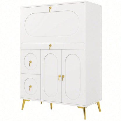 Küchenschrank (100*50*140cm), Vorratsschrank, Esszimmerschrank für Küche, Esszimmer und Wohnzimmer, Modernes Sideboard mit Falttüren, Schlicht und modern, Multifunktionaler Stauraum, Weiß