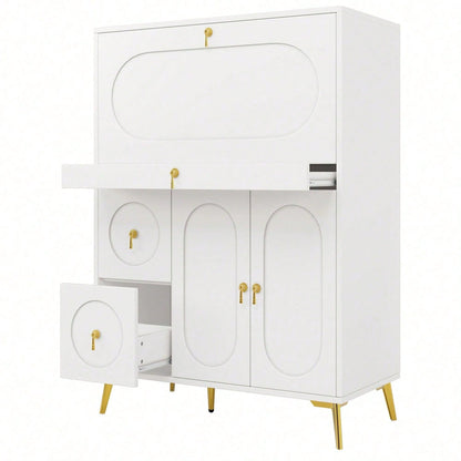 Küchenschrank (100*50*140cm), Vorratsschrank, Esszimmerschrank für Küche, Esszimmer und Wohnzimmer, Modernes Sideboard mit Falttüren, Schlicht und modern, Multifunktionaler Stauraum, Weiß