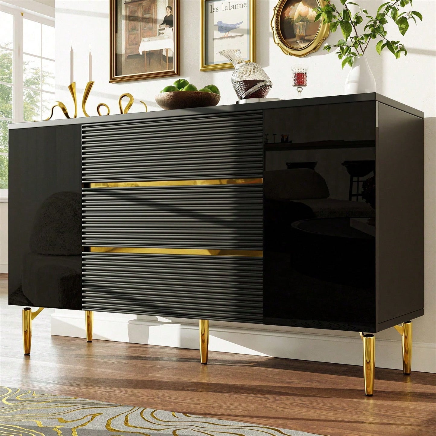 Kommode, Schwarzer Esszimmerschrank, Einfach Und Modern, Geeignet Für Schlafzimmer, Wohnzimmer, Esszimmer, Kariertes Schubladentürdesign, Glänzende Goldverzierung, Dreischichtige Schublade