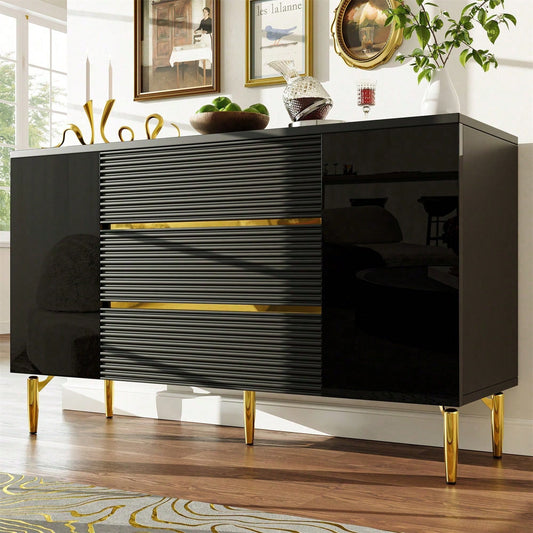 Kommode, Schwarzer Esszimmerschrank, Einfach Und Modern, Geeignet Für Schlafzimmer, Wohnzimmer, Esszimmer, Kariertes Schubladentürdesign, Glänzende Goldverzierung, Dreischichtige Schublade
