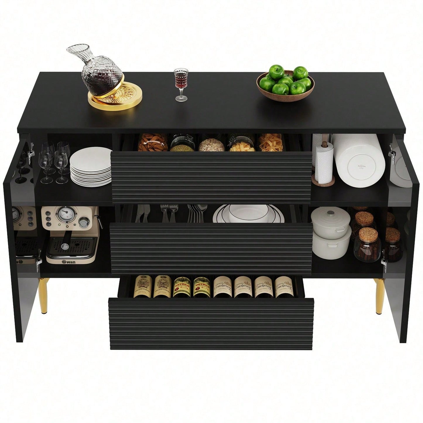 Kommode, Schwarzer Esszimmerschrank, Einfach Und Modern, Geeignet Für Schlafzimmer, Wohnzimmer, Esszimmer, Kariertes Schubladentürdesign, Glänzende Goldverzierung, Dreischichtige Schublade