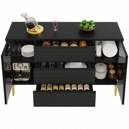Kommode, Schwarzer Esszimmerschrank, Einfach Und Modern, Geeignet Für Schlafzimmer, Wohnzimmer, Esszimmer, Kariertes Schubladentürdesign, Glänzende Goldverzierung, Dreischichtige Schublade
