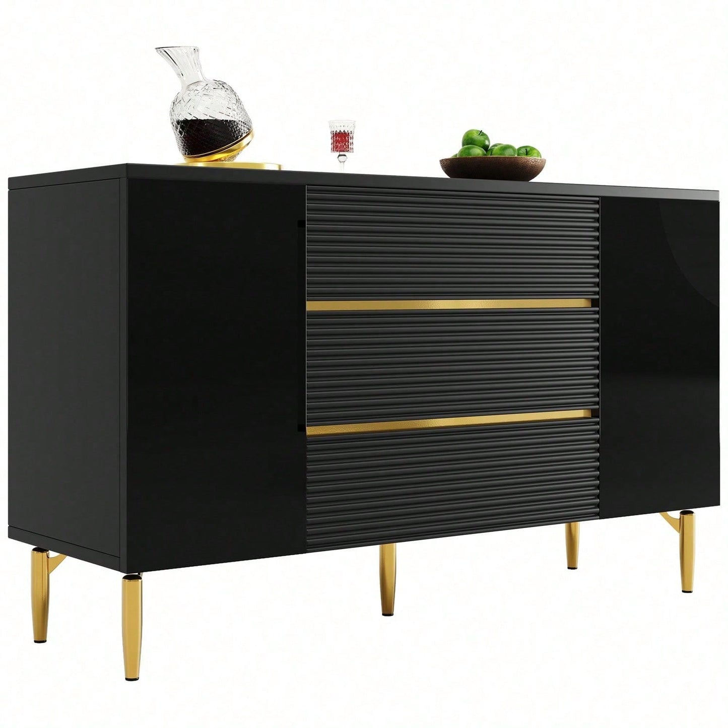 Kommode, Schwarzer Esszimmerschrank, Einfach Und Modern, Geeignet Für Schlafzimmer, Wohnzimmer, Esszimmer, Kariertes Schubladentürdesign, Glänzende Goldverzierung, Dreischichtige Schublade