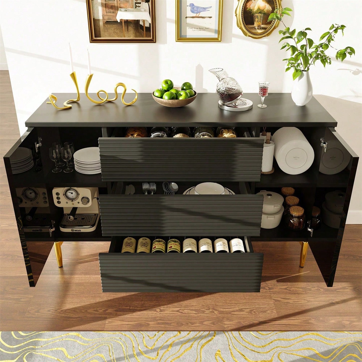 Kommode, Schwarzer Esszimmerschrank, Einfach Und Modern, Geeignet Für Schlafzimmer, Wohnzimmer, Esszimmer, Kariertes Schubladentürdesign, Glänzende Goldverzierung, Dreischichtige Schublade
