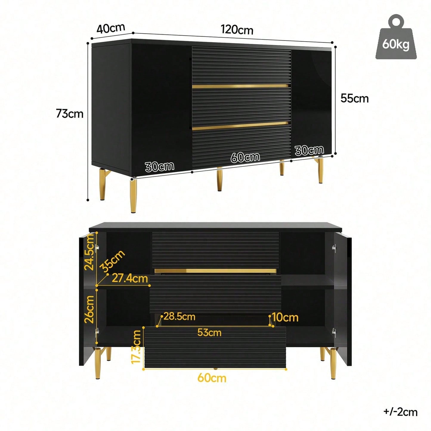 Kommode, Schwarzer Esszimmerschrank, Einfach Und Modern, Geeignet Für Schlafzimmer, Wohnzimmer, Esszimmer, Kariertes Schubladentürdesign, Glänzende Goldverzierung, Dreischichtige Schublade